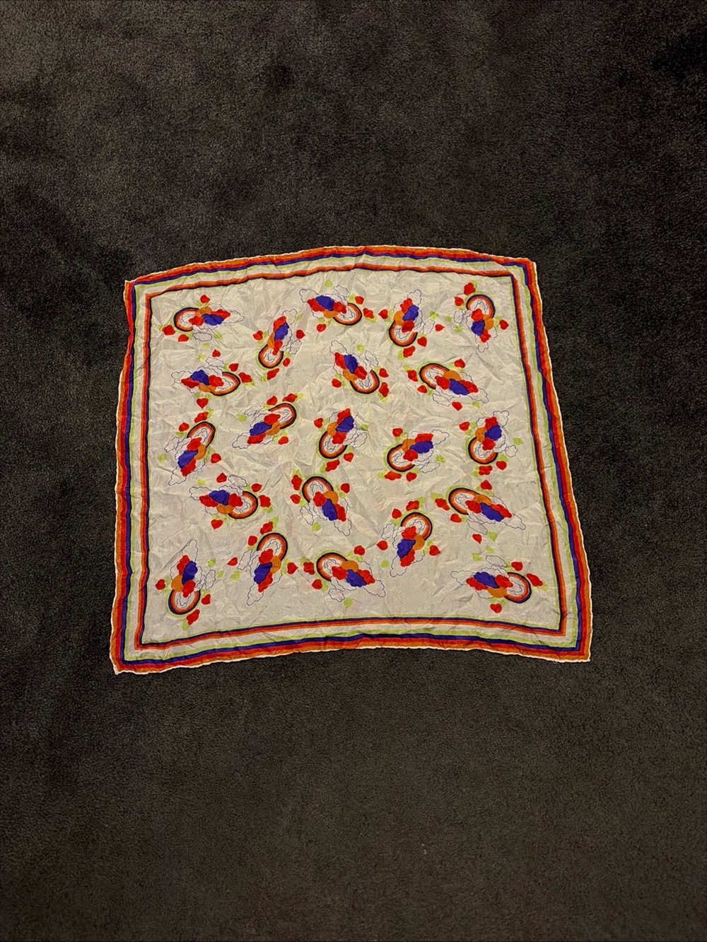 Vintage Rainbows & Clouds Scarf 22” Square Multicolor Lightweight